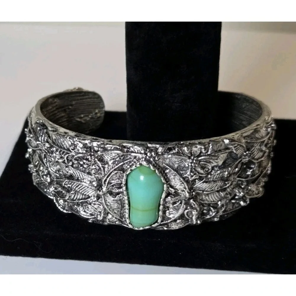 Silver Tone Faux Turquoise Stone Leaf Detail Large Chunky Cuff Bracelet‎ 6